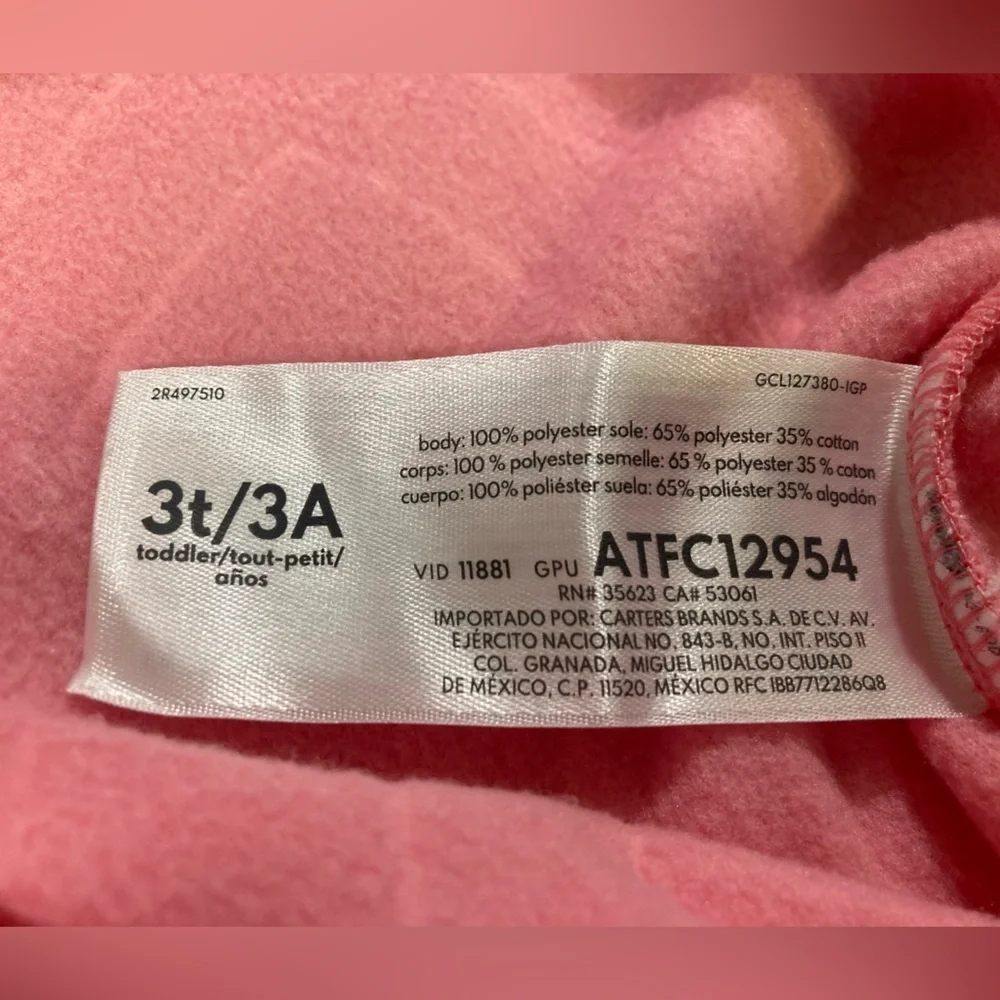 Carter’s One Piece Fleece Footed Girls Toddler Sleeper Size 3T Pink Hearts